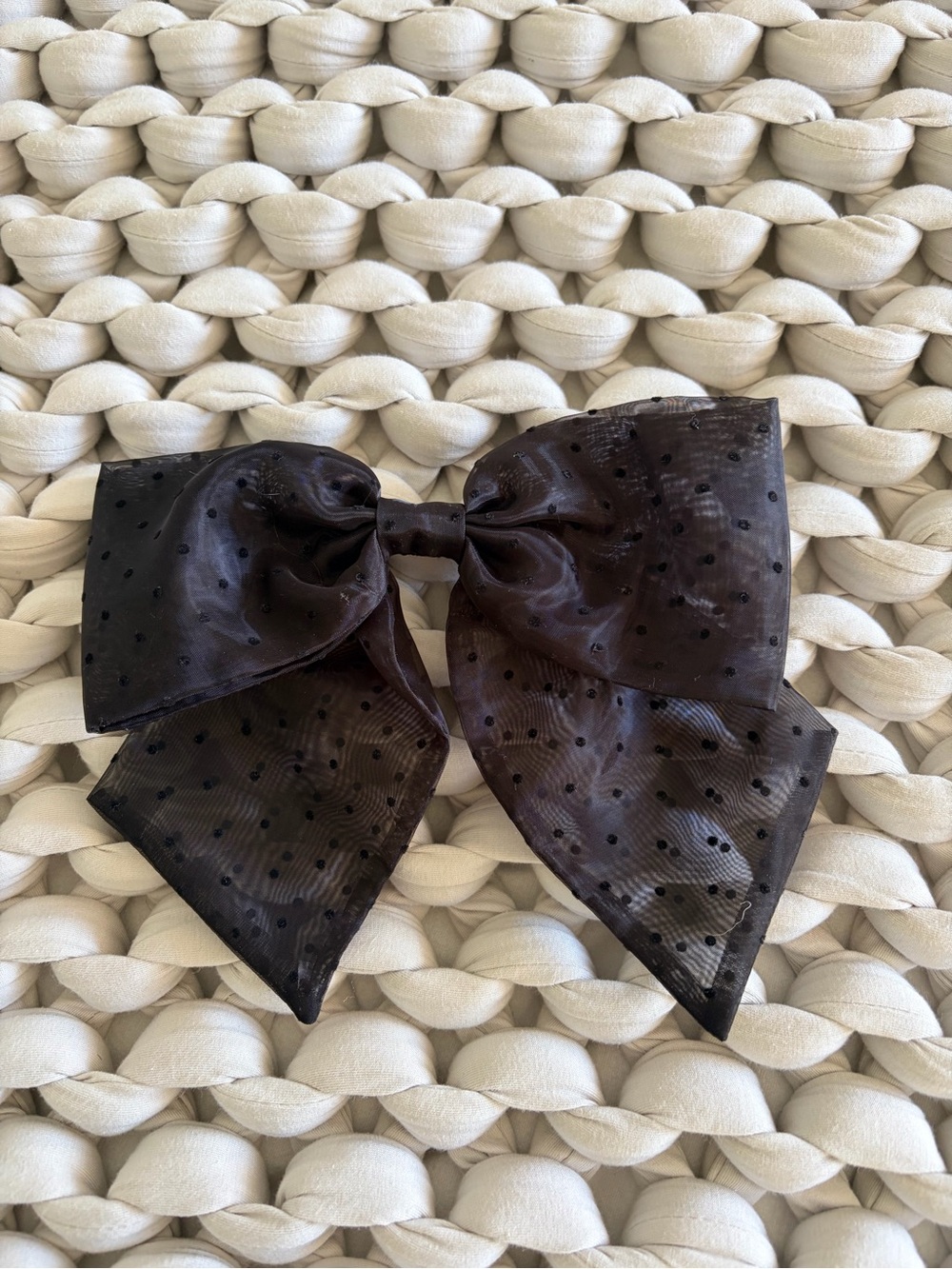 J.Crew Black Sheer Polka Dot Organza Oversized Hair Bow Barrette Coquette